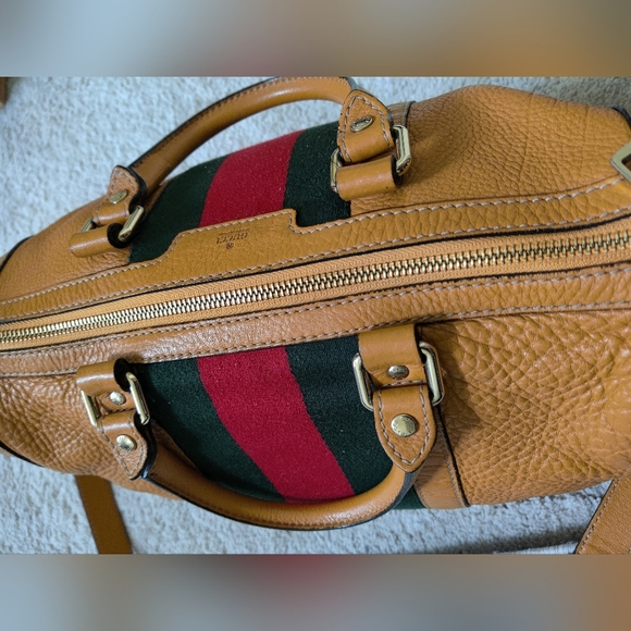 Gucci Tan Leather Tote Bag with Red and Green Stripe - Picture 6 of 16